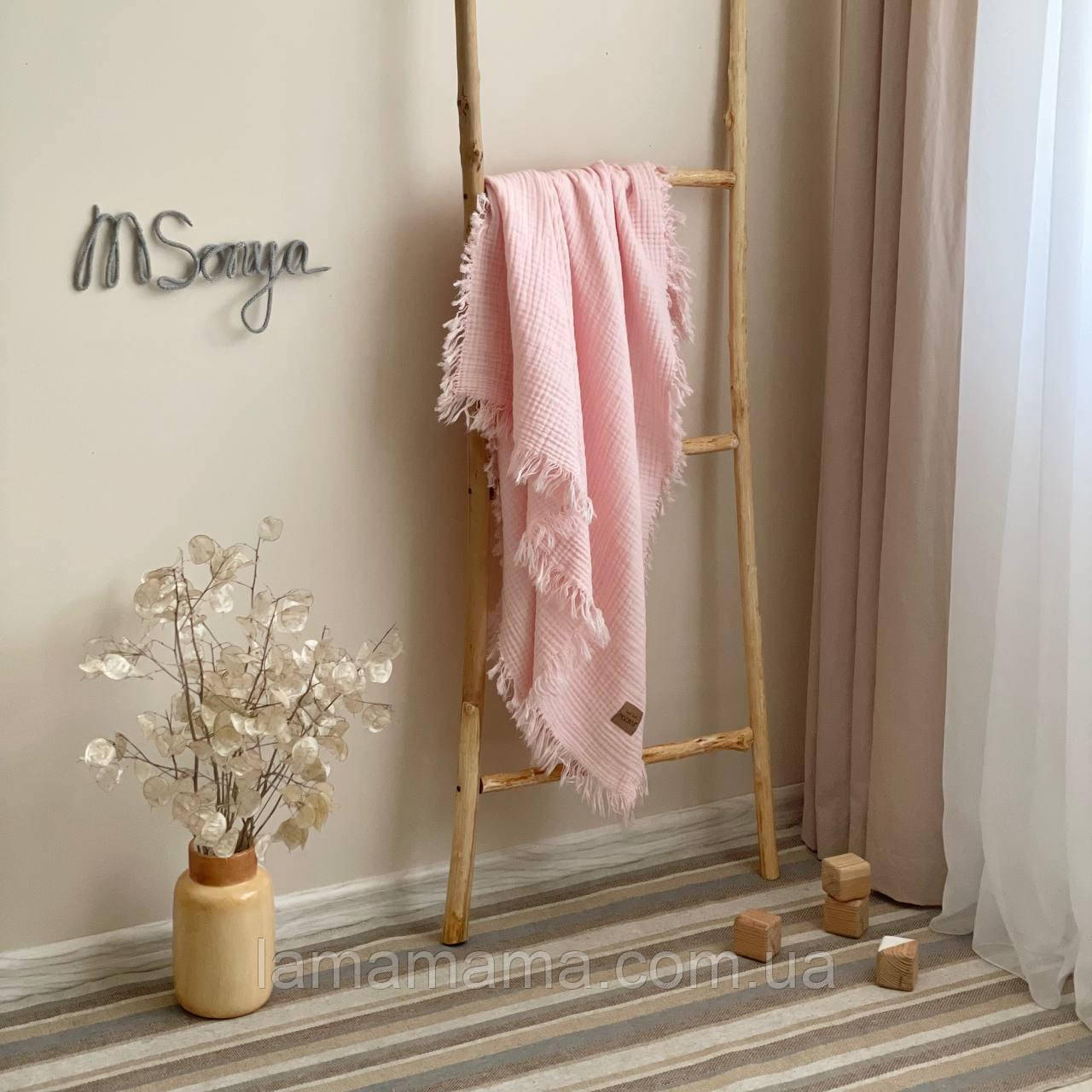 Мусліновий плед із бахромою Рожева пудра 90х105 см MSonya, фото 1