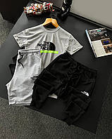 Комплект мужской летний The North Face Штаны + Шорты + Футболка черный-серый | Спортивный костюм лето ТНФ TNF