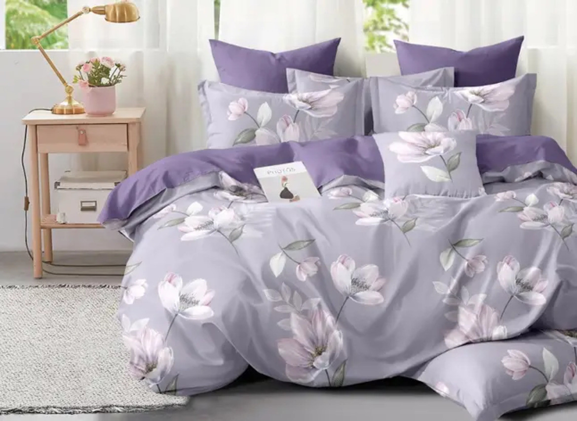 Сатинова двоспальна постільна білизна 180х220 (20872) Щільна постільна двоколірна з друкованим малюнком, фото 1