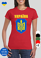 Женская футболка с принтом патриотическим Україна щит і герб красная,женские футболки с украинской символикой