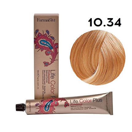 Стійка крем-фарба Farmavita Life Color Plus 10.34 Платиновий золотисто-мідний блондин 100 мл, фото 1