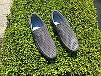 Мокасины мужские 40 размер кожаные туфли с перфорацией серые макасины летние слипоны в дырочку без резинке