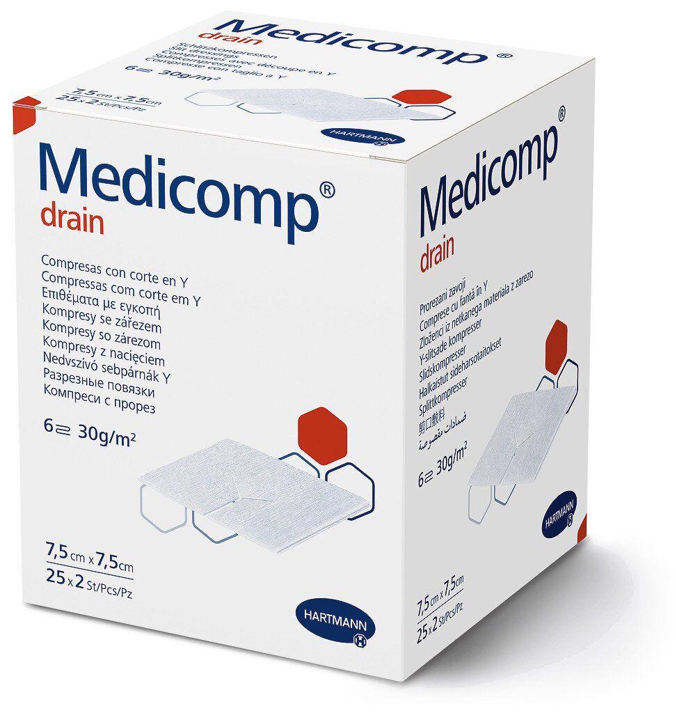 Стерильні сорбційні серветки з надрізом, з нетканого матеріалу Medicomp drain 7,5х7,5см 2х25шт, фото 1