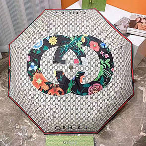 Парасолька Gucci біла с фірмовим брендовим візерунком та логотипом у квітах