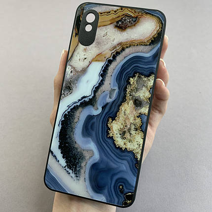 Чохол для Xiaomi Redmi 9A мармуровий чохол із захистом камери на телефон сяомі редмі 9а чорний із синім q7k, фото 1