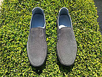Мокасины мужские 40 размер кожаные туфли с перфорацией серые без резинки слипоны макасины летние в дырочку