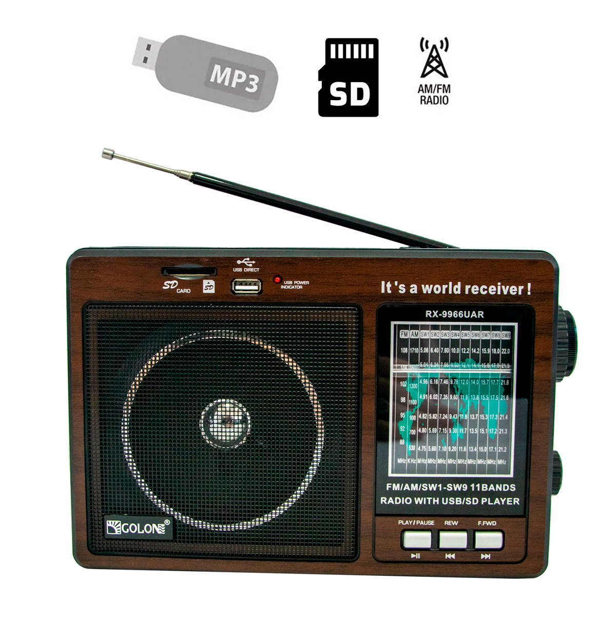 Портативне радіо Golon RX-9966 Коричневе, радіоприймач на батарейках з USB входом для флешки