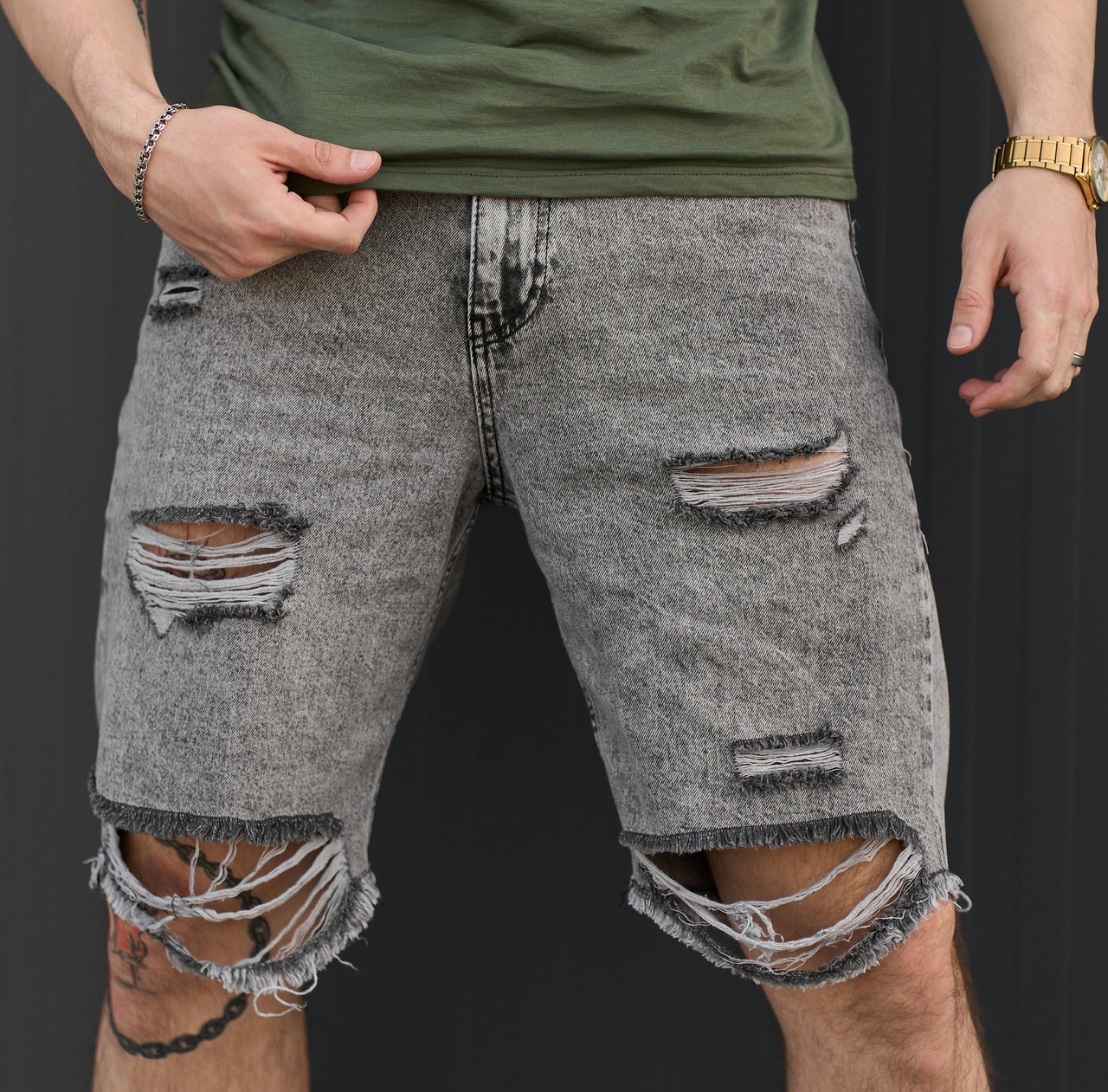 Шорти чоловічі джинсові рвані з кишенями літні Туреччина сірі. Живе фото, фото 1