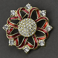 Брошка металева на золотистій основі з білими кристалами покрита кольоровою емаллю розмір 40Х40 мм