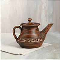Заварочный чайник из красной глины 1,5л ангоб, глиняная посуда, керамическая посуда