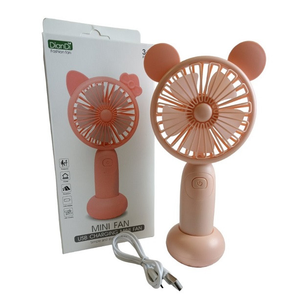 Вентилятор ручний акумуляторний DianDi Mini Fan SQ-2165 з підставкою, підсвічуванням та USB-зарядкою Рожевий