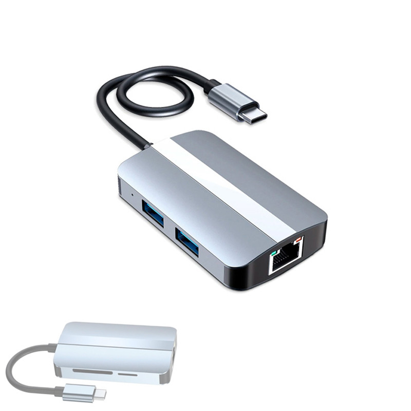 USB Type-C на RJ45 адаптер з LAN Ethernet (100 Мбіт/с) + 2x USB (2.0/3.0) та слоти SD/TF, фото 1