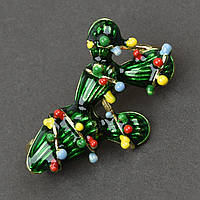 Брошка металева на золотистій основі святковий кактус покритий кольоровою емаллю розмір 35Х20 мм