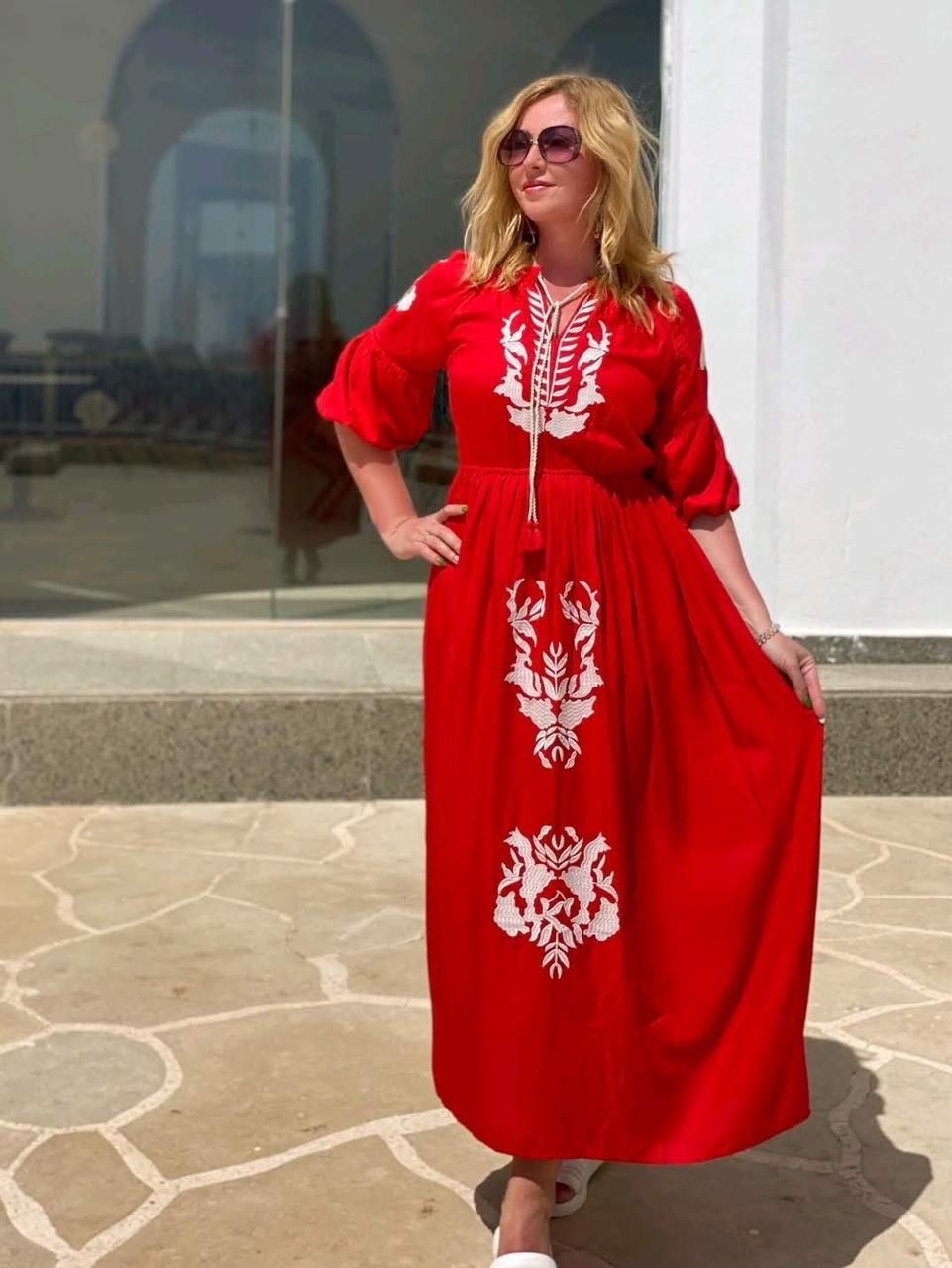 Червоне довге плаття А силуету із натуральної тканини (M), фото 1