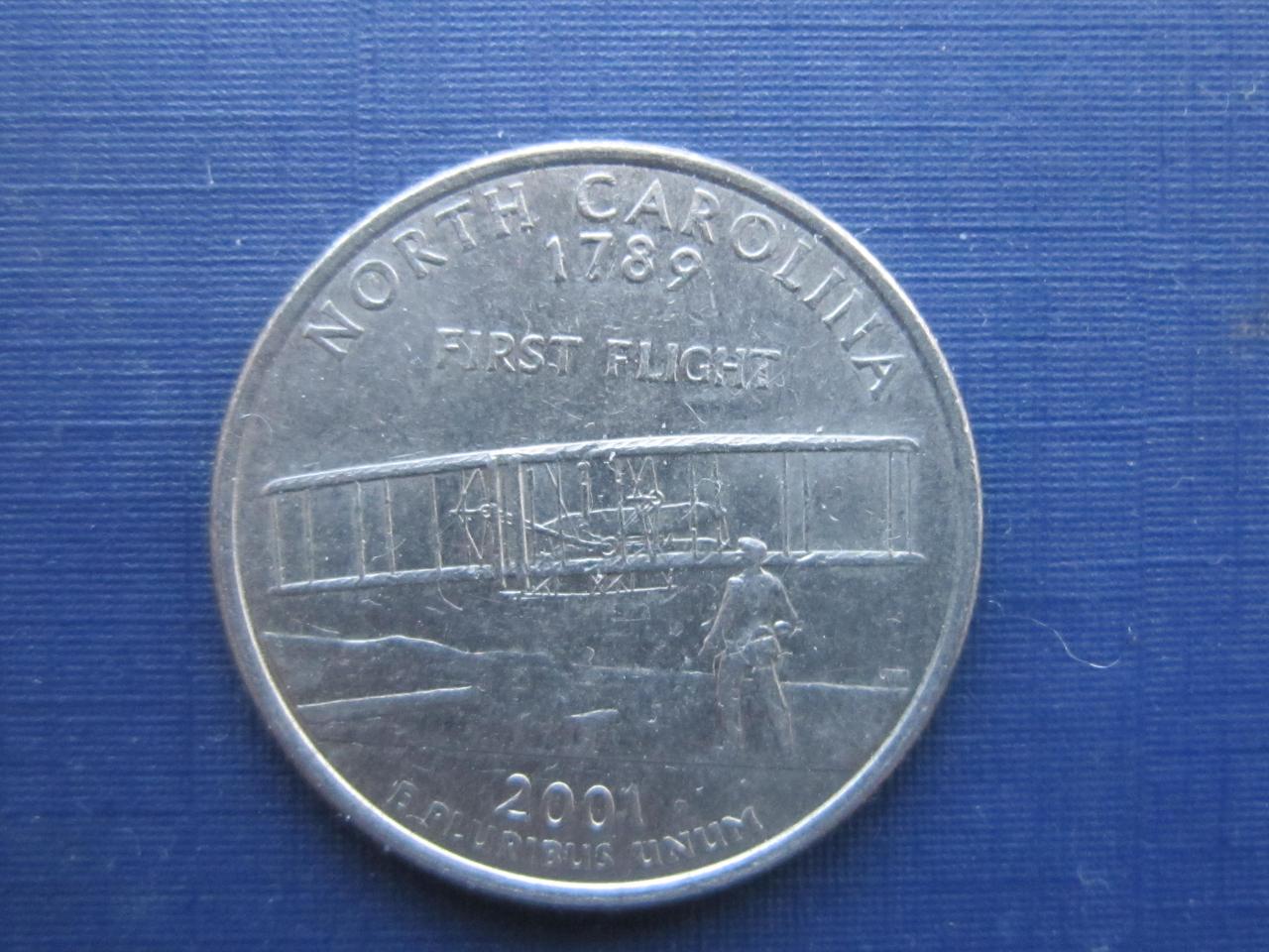 Монета квотер 25 центов США 2001 D Северная Каролина самолёт - фото 1 - id-p360409155