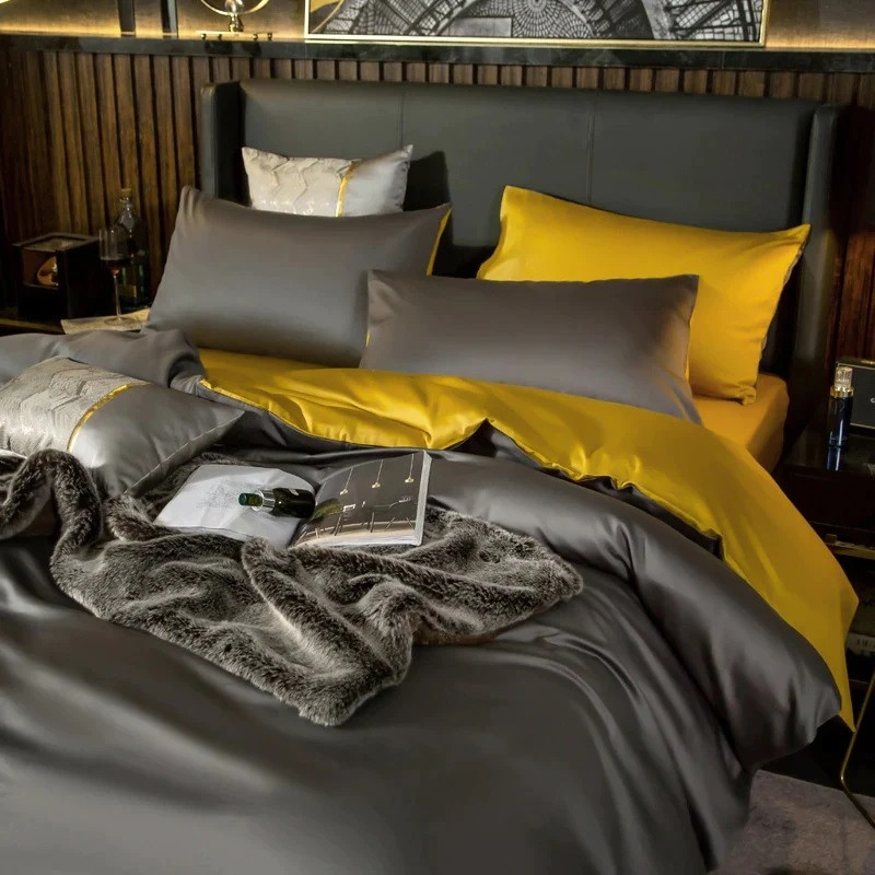 Постільна білизна ДУЕТ ANTHRACITE/GOLDEN Premium Сатин однотон MERISET — Сімейний на гумці, фото 1