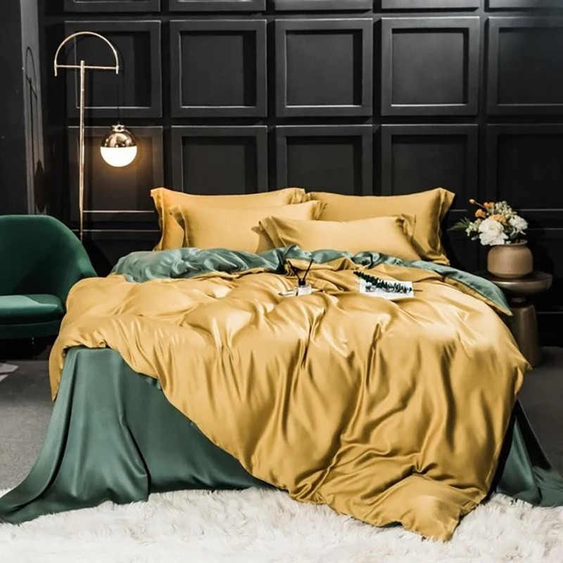 Постільна білизна ДУЕТ GOLDEN/MINT Premium Сатин однотон MERISET — Сімейний на гумці, фото 1