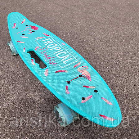 Пеніборд (Penny board) Фламінго,скейт, скейтборд зі світними колесами та ручкою, фото 1