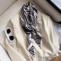 Косынка шелковая платок в полоску анималистичный принт зебра на шею на сумку женский атласный шаль шелк-армани Черный+бежевый
