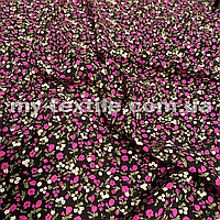 Штапель принтованный Цветы розовые на черном