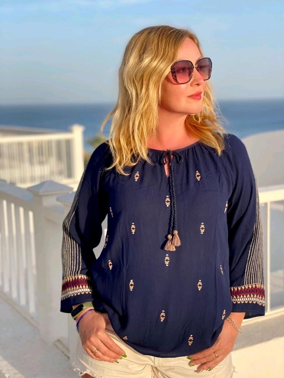 Жіноча літня блузка темно-синього кольору з натуральної тканини жатка (M), фото 1