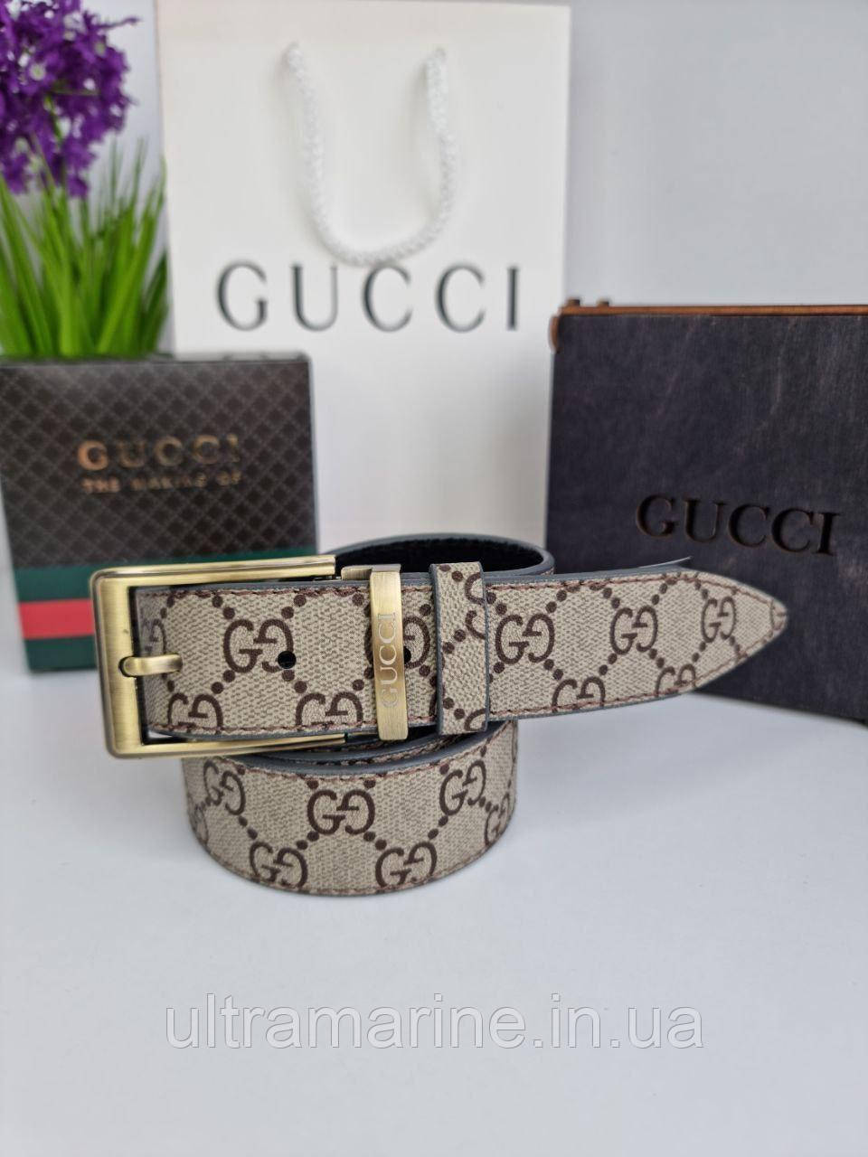 Стильний жіночий шкіряний ремінь Gucci 3.5 см Гуччі з класичною металевою пряжкою бежевий