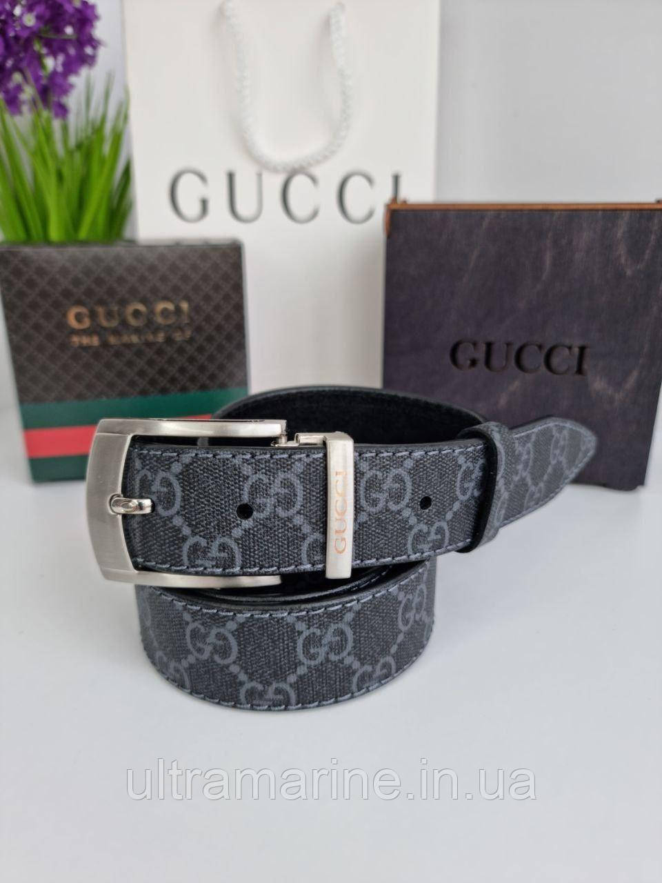 Стильний жіночий шкіряний ремінь Gucci 3.5 см Гуччі з класичною металевою пряжкою сірий