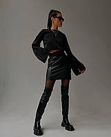 Женская базовая укороченная стильная шелковая блузка черного цвета спина открытая размер 42/44 и 44/46