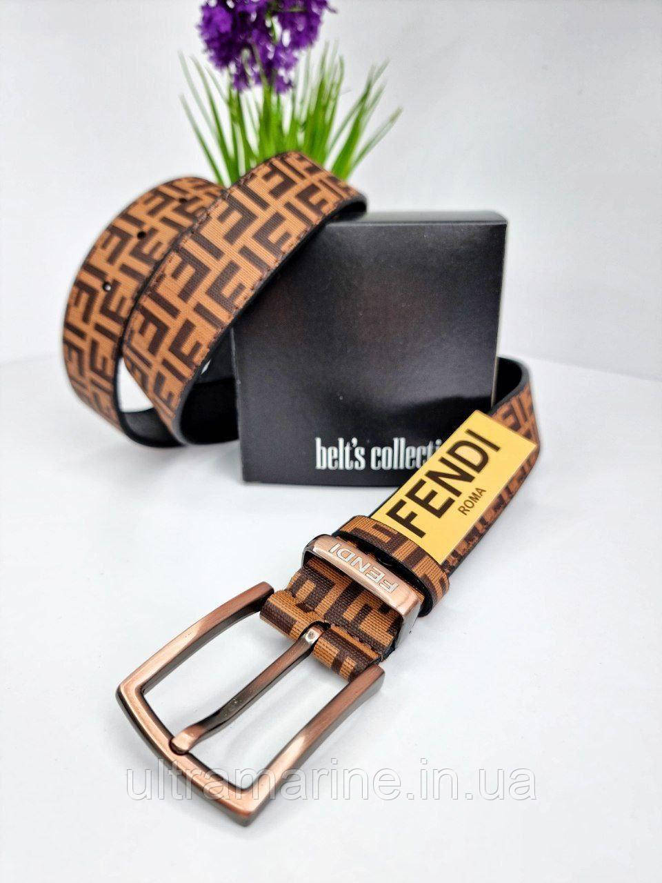 Стильний жіночий шкіряний ремінь Fendi 3.5 см Фенді з класичною металевою пряжкою коричневий, фото 1