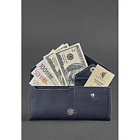 Місткий гаманець ручної роботи на кнопці, гаманці жіночі шкіряні яскраві стильні Синій