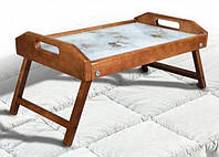 Столик мини для завтрака в постель со стеклом и узором Цветы светлый орех мобильный, переносной ТМ Микс Мебель