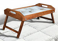 Столик міні для сніданку в ліжко зі склом та візерунком Квіти світлий горіх мобільний, переносний ТМ Мікс Меблі