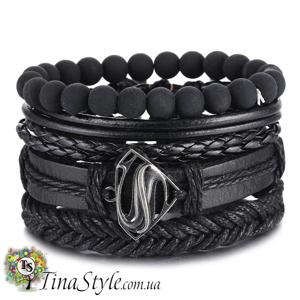 Чоловічий шкіряний браслет  набір з екошкіри та каменю з оберігом унісекс шкіра, фото 1