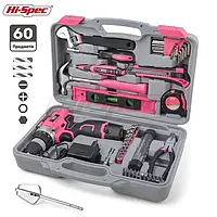 Рожевий Шуруповерт акумуляторний 12V Hi-Spec та набором з 60 інструментів, свердл та біт (NTS060)