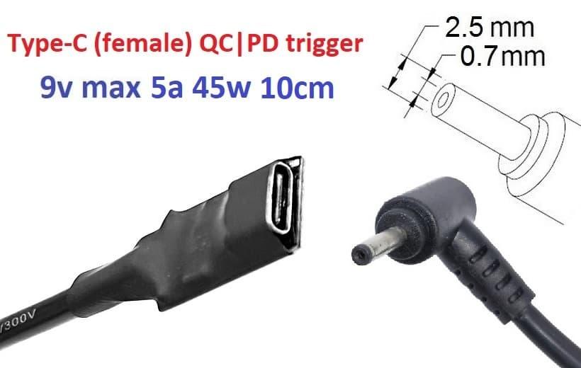 Переходник на 9v (max 5a, 45w) 2.5(2.35)x0.7mm 8-10cm з USB Type-C (Female) Quick Charge Power Delivery QC|PD - фото 1 - id-p1854336022