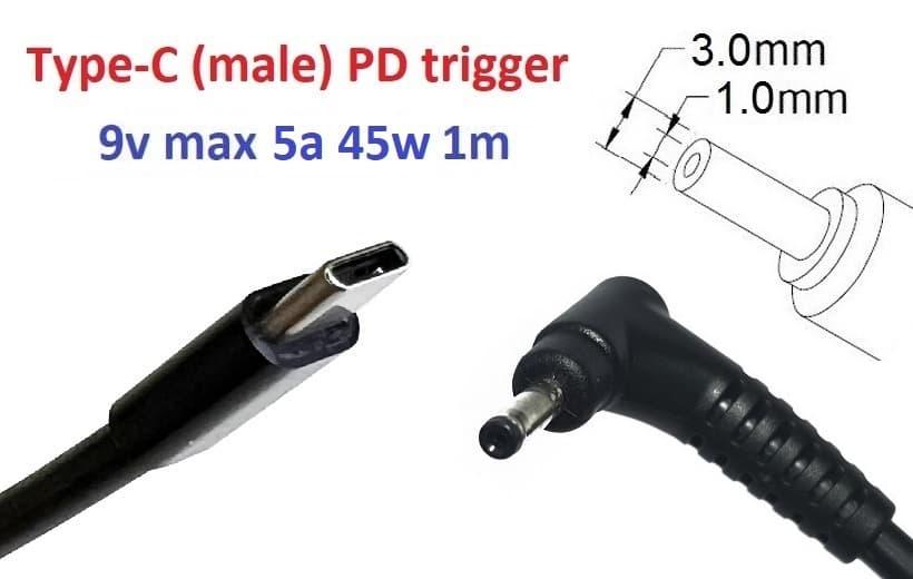 Перехідник на 9v (max 5a, 45w) 3.0x1.0(0.9/1.1)mm 1m з USB Type-C (male) Power Delivery PD тригер (A class) 1 день гар.