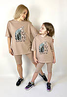Комплект oversize для мамы и дочки футболка + велосипедки "коты сфинксы" Family look