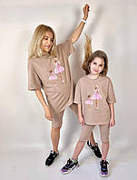 Комплект oversize для мамы и дочки футболка + велосипедки "мама и дочка" (розовые платья" Family look