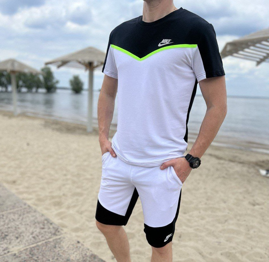Чоловічий літній костюм футболки шорти комплект спортивний Nike Туреччина білий з чорним. Живе фото