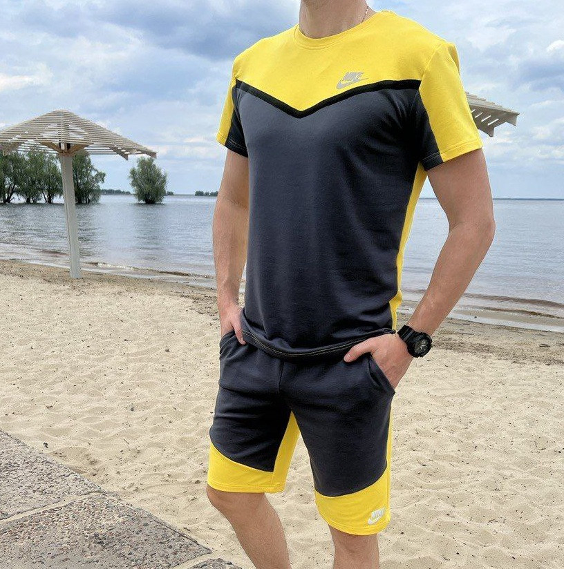 Летний костюм спортивный мужской Nike Найк Tech желтый. Мужской комплект летний футболка+шорты (без кепки) - фото 2 - id-p1854550944