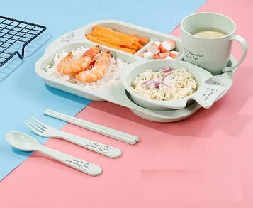 Набір дитячого посуду з біорозкладного волокна пшеничної соломи 6 предметів, зелений