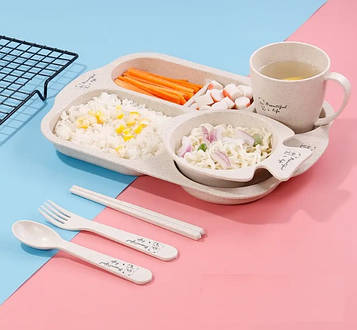 Набір дитячого посуду з біорозкладного волокна пшеничної соломи 6 предметів, бежевий