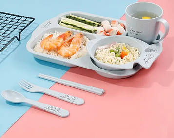 Набір дитячого посуду з біорозкладного волокна пшеничної соломи 6 предметів, синій