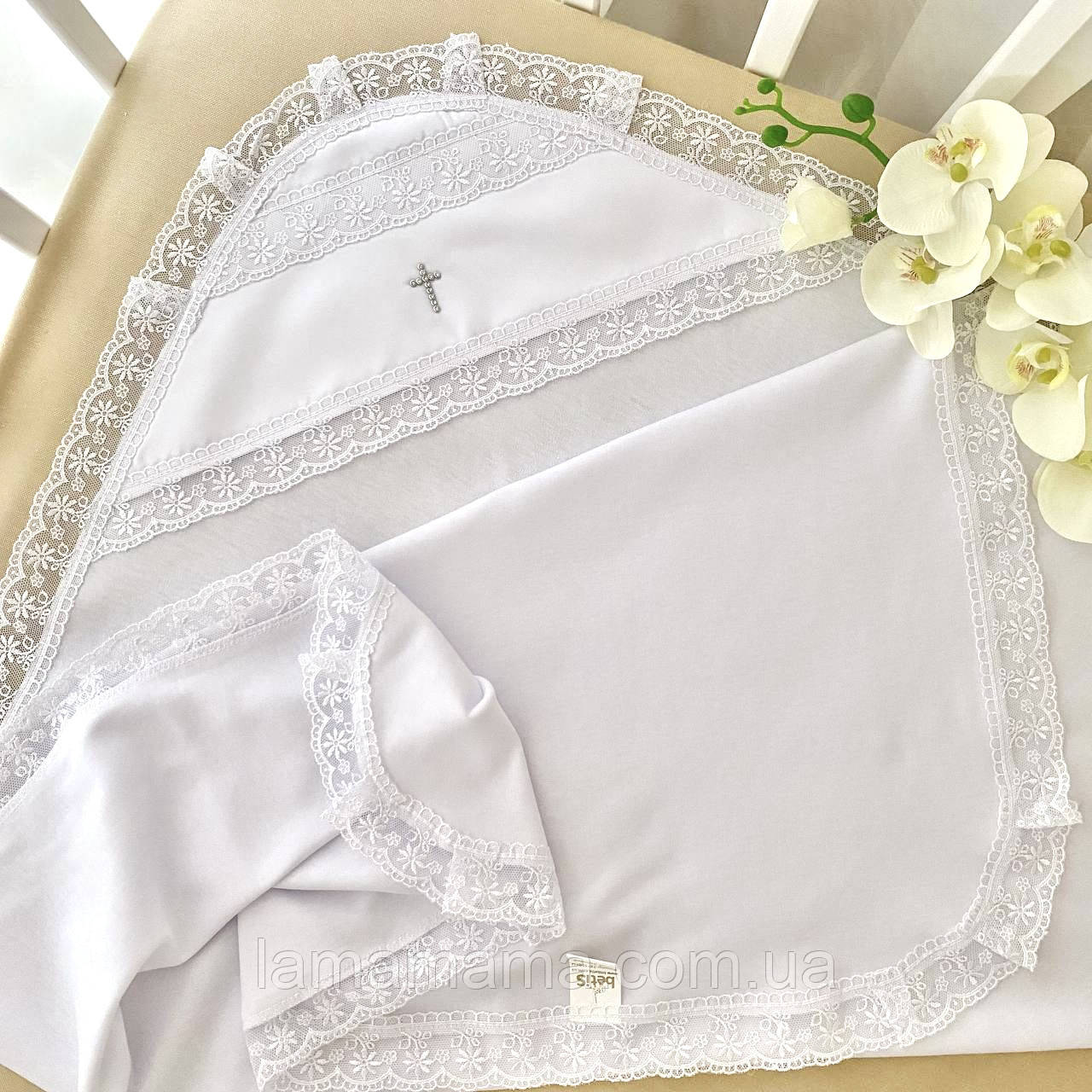 Крижма трикотажна для хрещення "Чарівна світлинка" Інтерлок Білий 75х80 см BetiS, фото 1