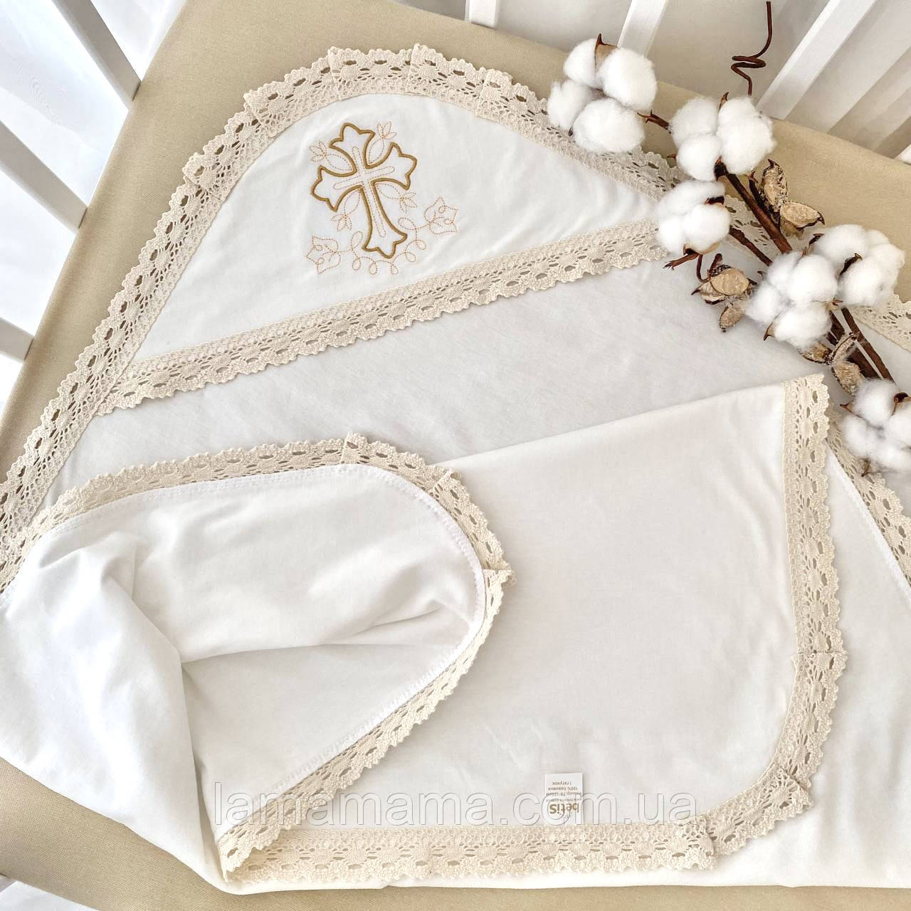 Крижма трикотажна для хрещення "Чарівний янгол-1" 75х80 см Інтерлок Молочний/Золото BetiS, фото 1