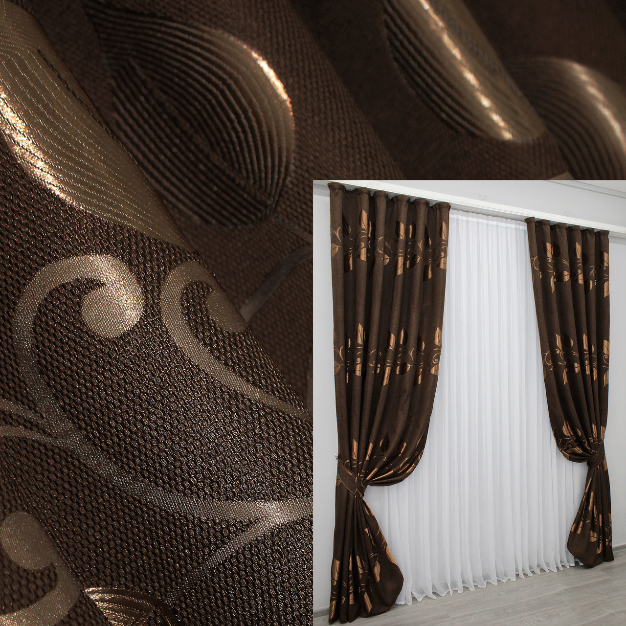 Комплект штор (2шт. 1х2,75м.) Льон рогожка "Листя". Колір темно-коричневий. Код 368ш 31-594, фото 1