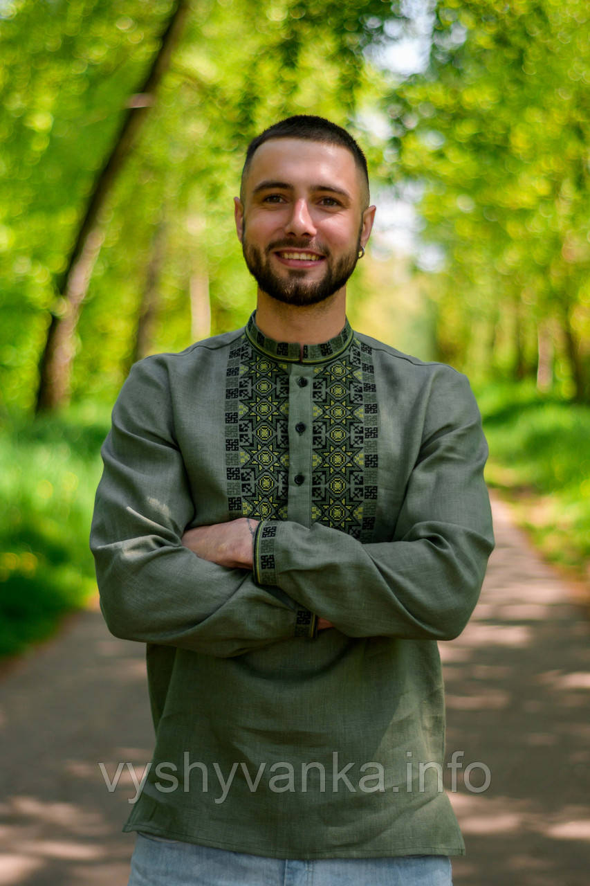 Чоловіча вишиванка з планкою на льоні кольору хакі, арт. 4240