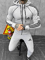 Спортивный костюм мужской Adidas серый летний, стильный мужской спортивный костюм Адидас с черными полосками