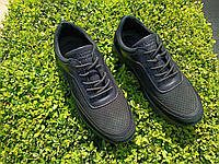 Кроссовки мужские 41 размер кожаные с перфорацией черные с шнурками кроссовки летние в дырочку