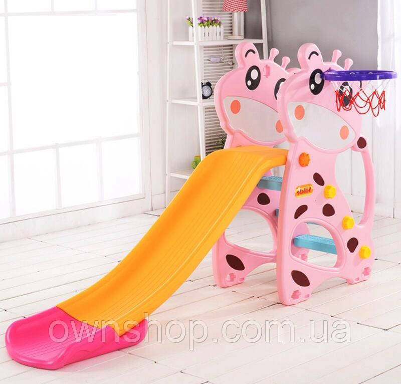 Дитяча ігрова гірка 58901, "Жирафа" 168*40*105 см, баскетбольне кільце, рожева
